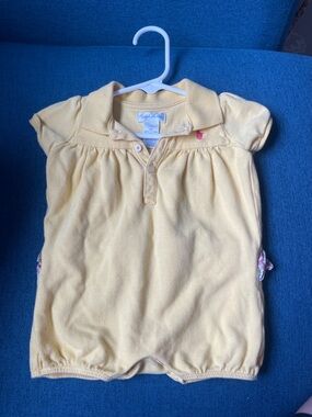 Ralph Lauren Pale Yellow Polo Baby Romper with Back Ruffles